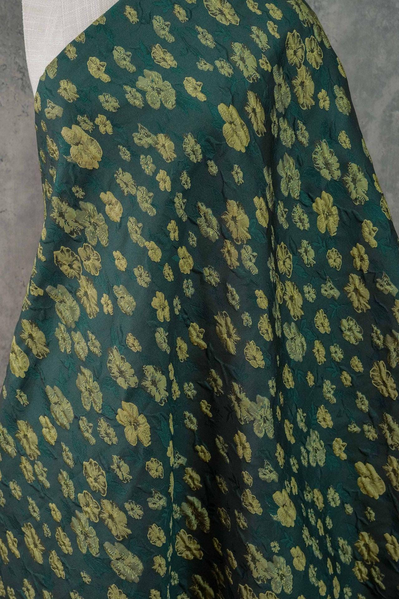 Green Floral Brocade Fabric: Embossed Jacquard Sewing Material, 57" Wide