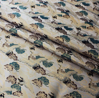 Crane Jacquard Satin Fabric: Gold Thread Bird Pattern (58"W)