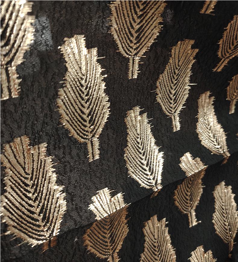 Black Jacquard Fabric: 3D Gold Thread Leaf Design, 59" Wide