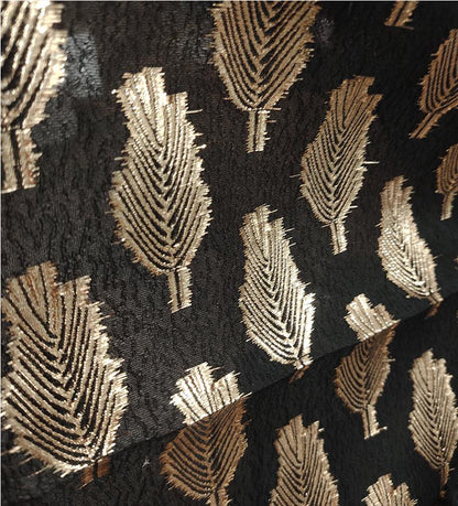 Black Jacquard Fabric: 3D Gold Thread Leaf Design, 59" Wide