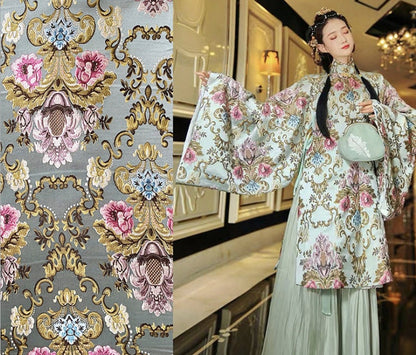 Floral Brocade Jacquard Fabric: Retro Palace Style Rayon Dress Material
