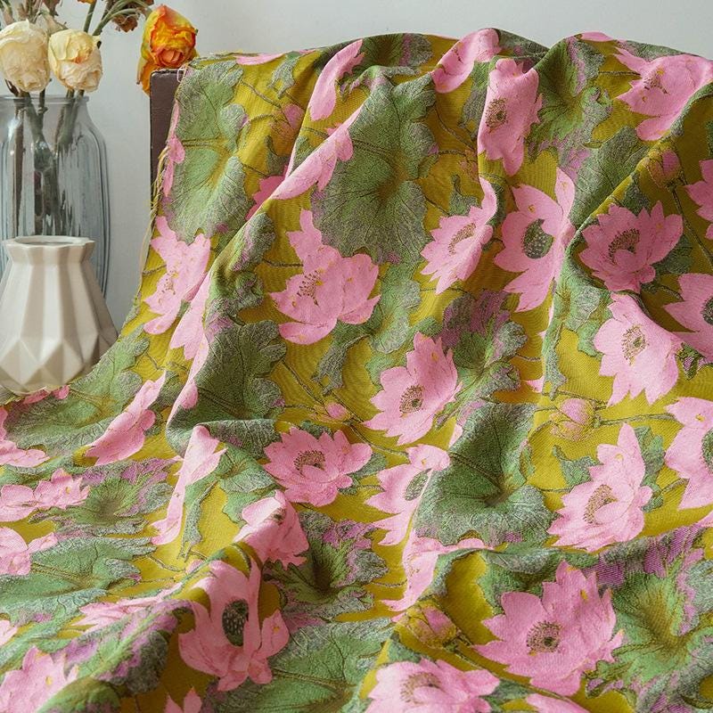Gold Thread Lotus Jacquard Fabric: 60" Wide Upholstery & Costume
