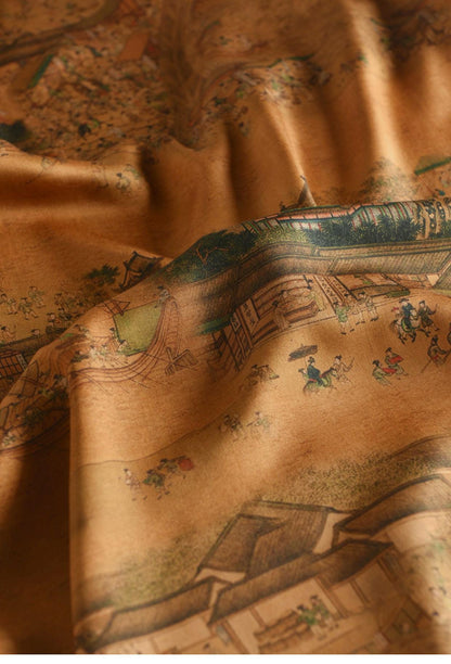 Tissu en coton pour la fête de Qingming : imprimé paysage fluvial, 140 cm de large