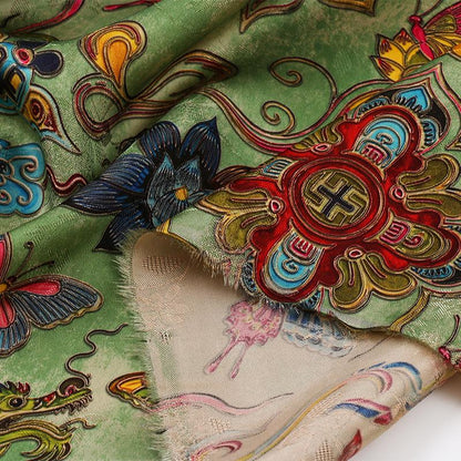 Floral Dragon Print Rayon Fabric - Gambiered Canton Gauze 59"