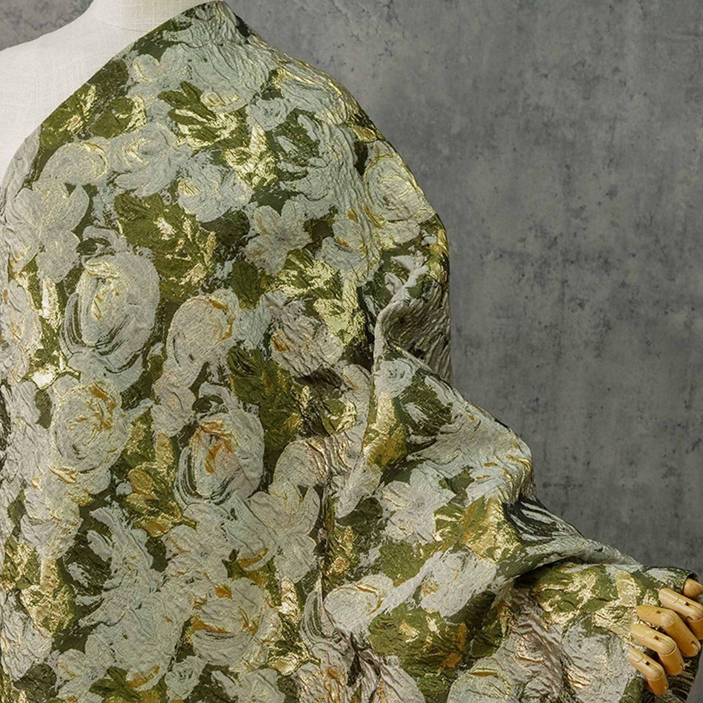 Green Jacquard Woven Fabric: 3D Gold Thread Embossed Texture, 57" Wide