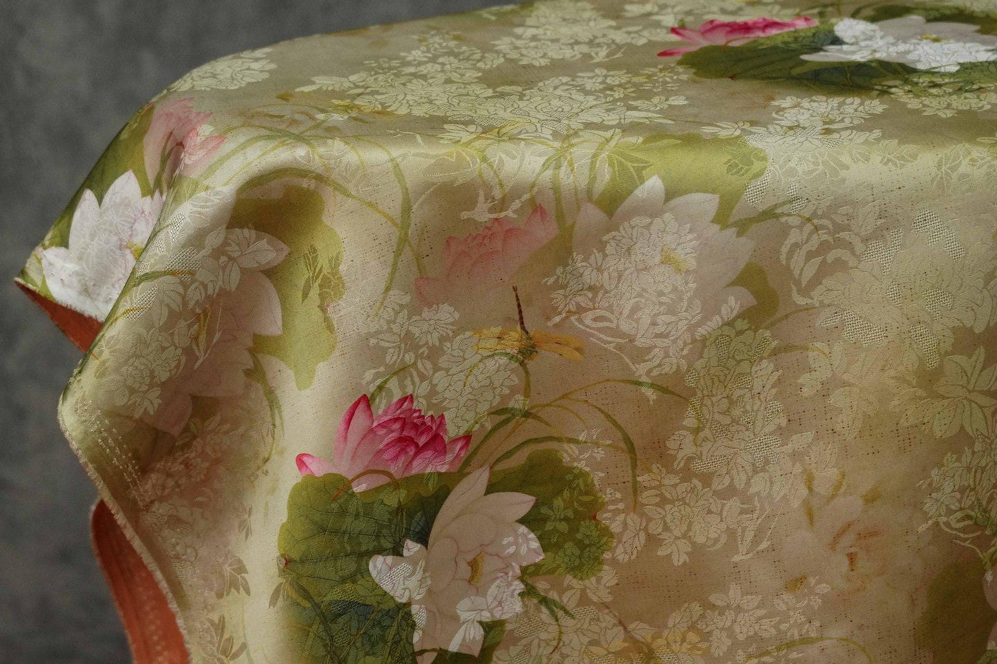 Lotus Flower Tea Silk Satin Fabric: 55"W Digital Print