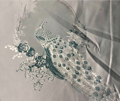 Metallic Damask Satin Fabric: 3D Peacock Jacquard, 56"W