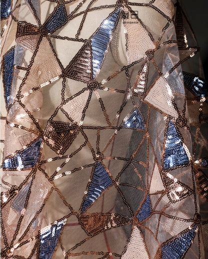 Tissu en maille brodée de sequins, tissu de créateur marron et bleu