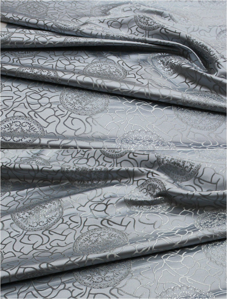 Silver Brocade Fabric: Ancient Pattern Silk Rayon Gown Fabric