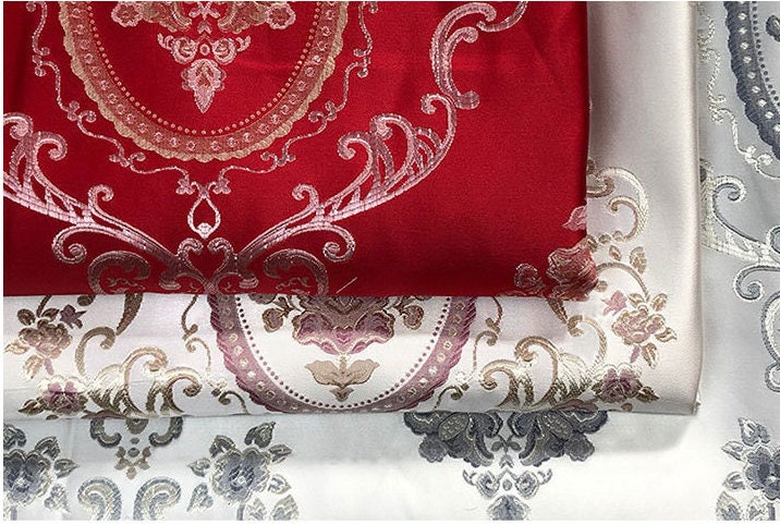 Palace Style Brocade Jacquard Fabric: Red, Gray & Pink Damask (By The Meter)