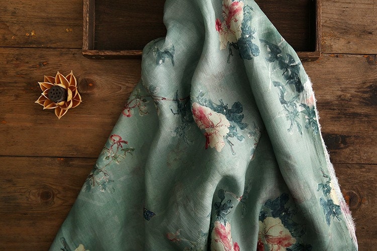 Tissu ramie imprimé floral : matériau de couture de style asiatique, 145 cm de large