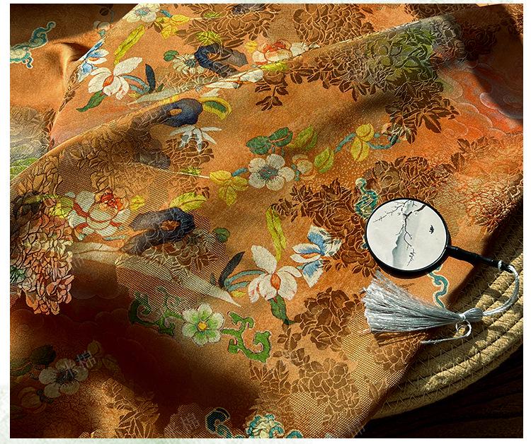 Gold Brown Crane Pattern Xiangyunsha Fabric, Luxury Rayon Silk Damask, Traditional Jacquard Fabric for Sewing, Cheongsam, DIY Fashion, 59"W