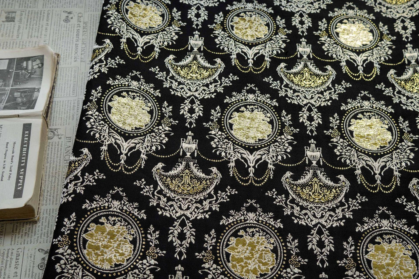 Black Gold Floral Jacquard Fabric: European Court Style Upholstery, Dresses, Decor (57" Wide, Meter)