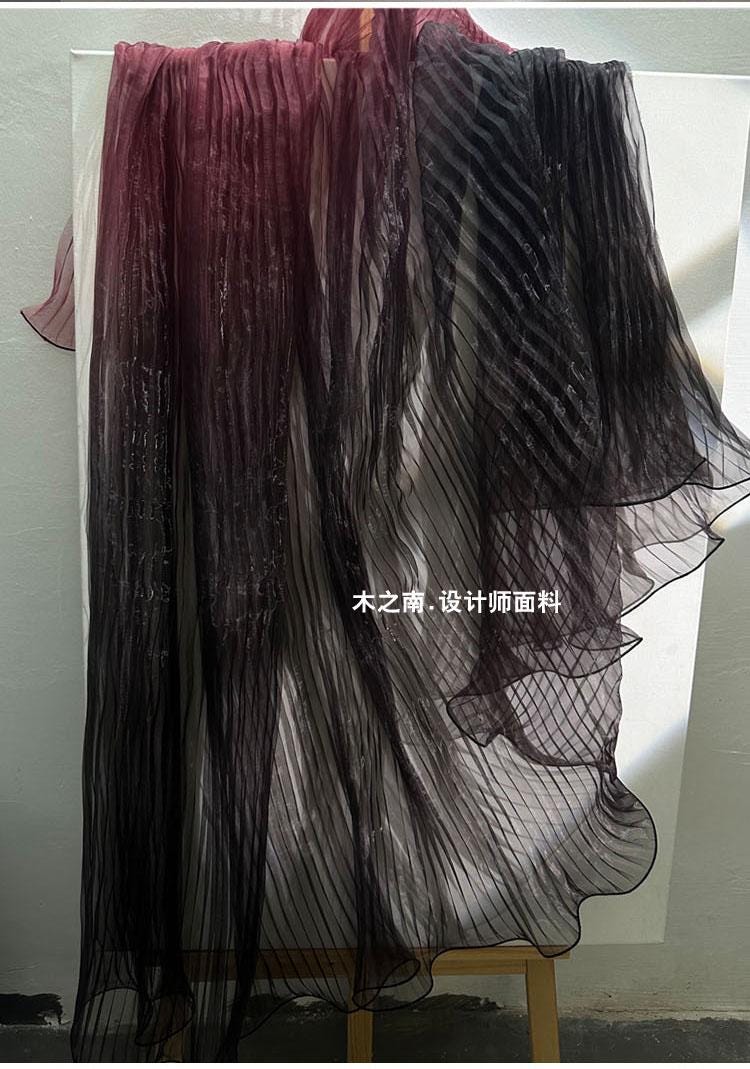 Black & Red Gradient Organza Fabric: Accordion Pleated, 55" Wide