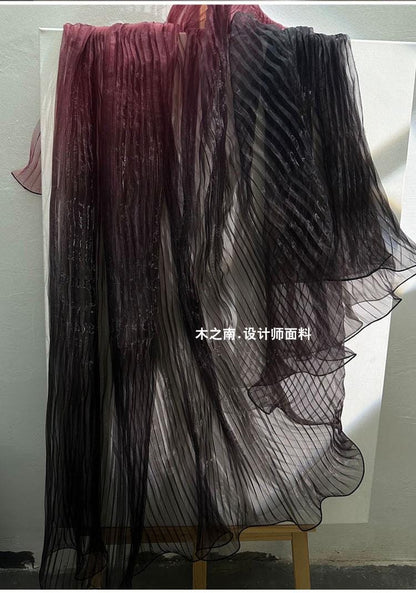 Black & Red Gradient Organza Fabric: Accordion Pleated, 55" Wide