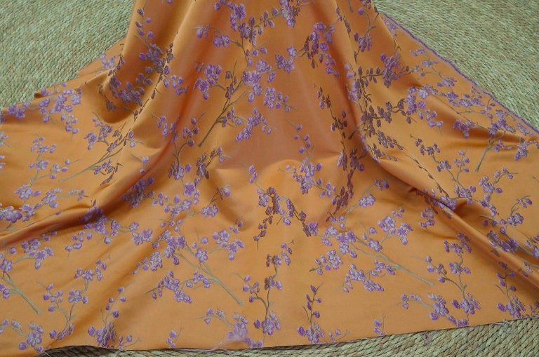 Floral Jacquard Fabric: Orange & Lilac Embossed Woven Upholstery, Costume, Sewing, DIY (59"W By 1yard) - Poppylollipop