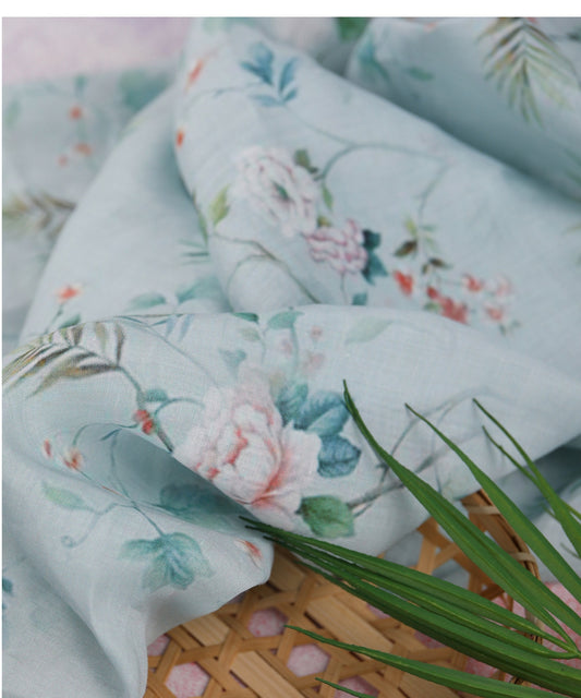 Floral Ramie Fabric: Light Blue Ink Print, 55" Wide, Natural Fiber