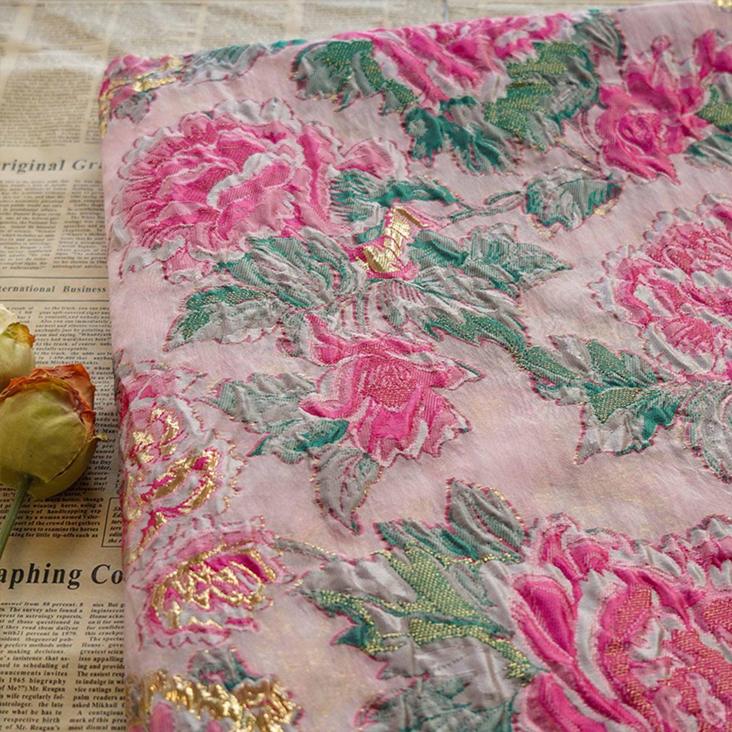 Embossed Flower Jacquard Fabric: 3D Gold Thread Design, 55" Wide