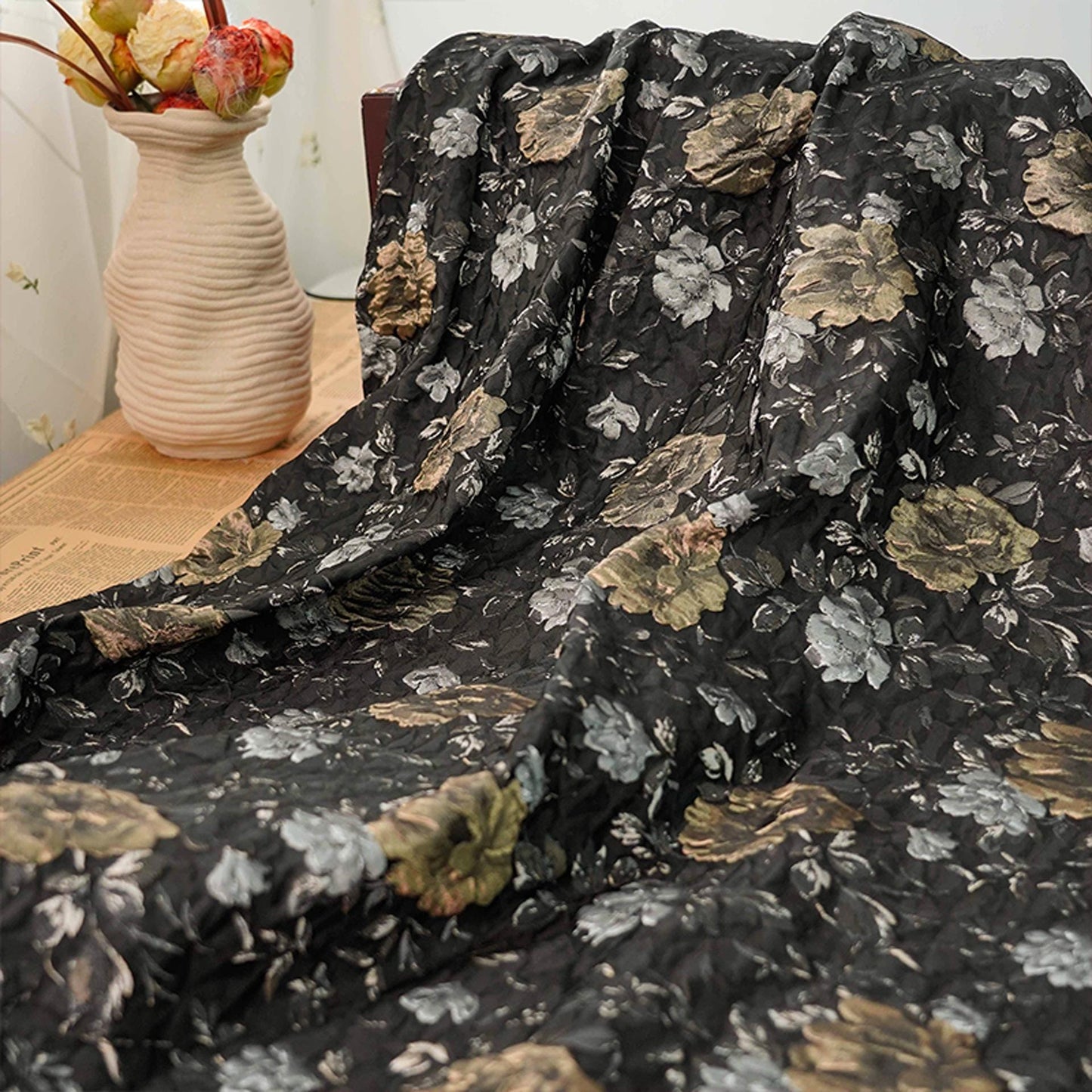 Black Floral Jacquard Fabric: Vintage 3D Designer Material, 65" Wide