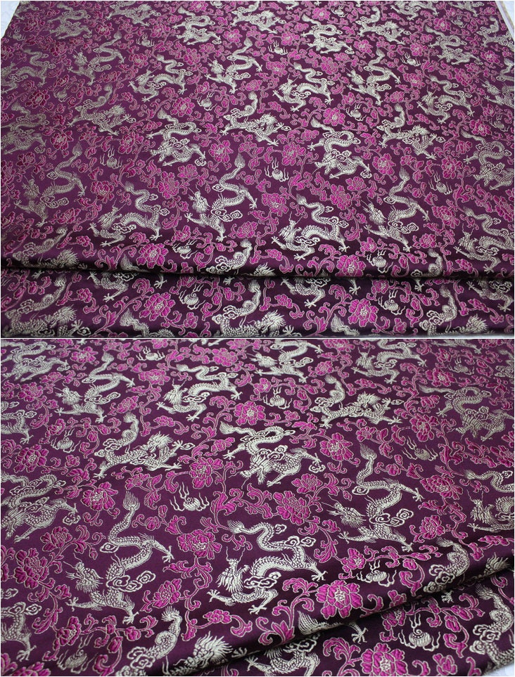 Dragon & Flower Brocade Fabric: Multi-Color Silk Rayon Blend