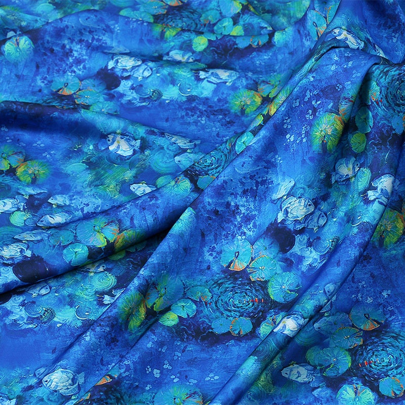 Blue Floral Silk Satin Fabric: 59"W Digital Print for Sewing & Decor