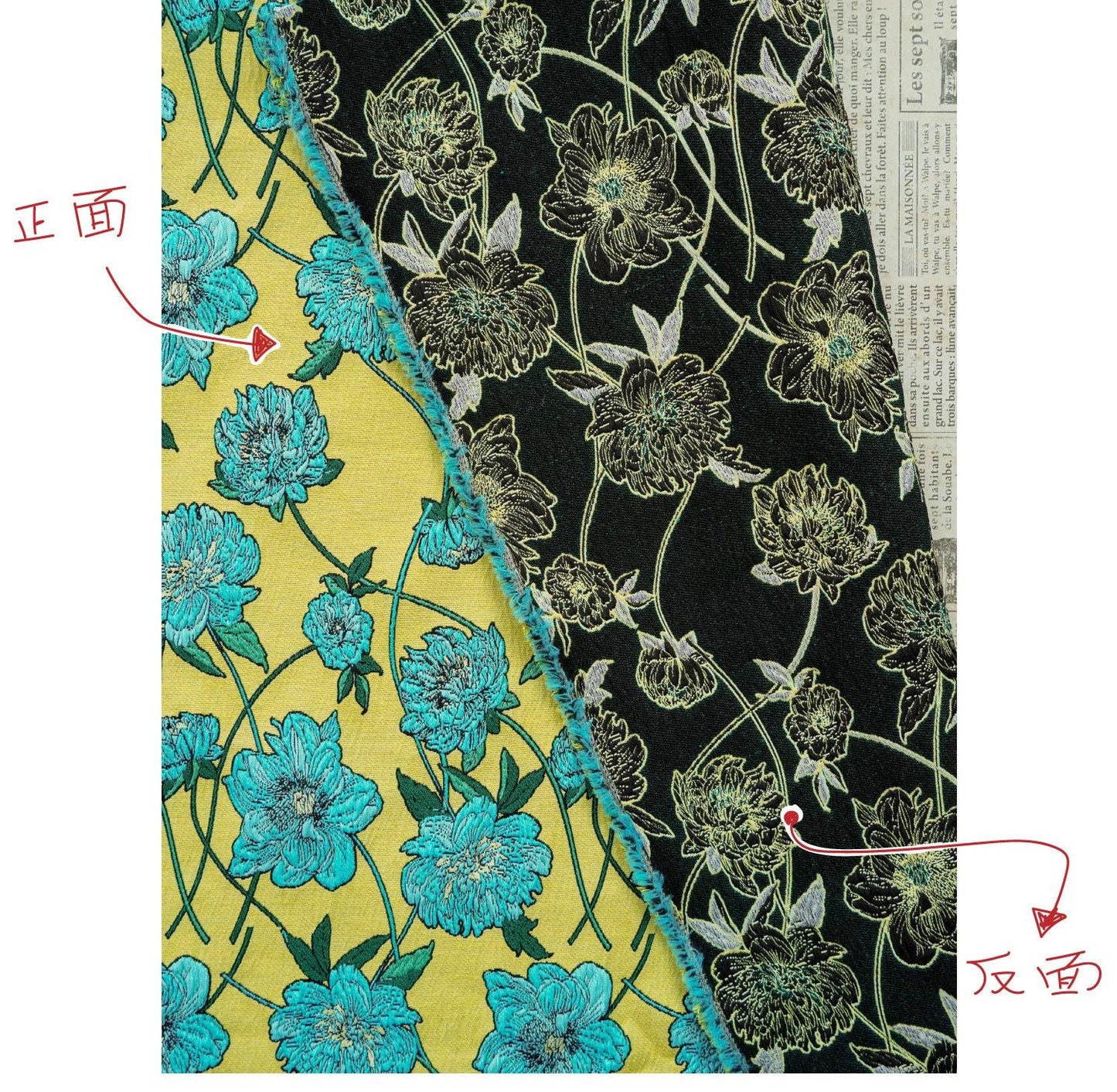 Tissu jacquard réversible : motif floral 3D bleu et jaune, largeur 135 cm