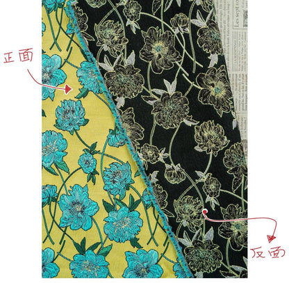 Tissu jacquard réversible : motif floral 3D bleu et jaune, largeur 135 cm