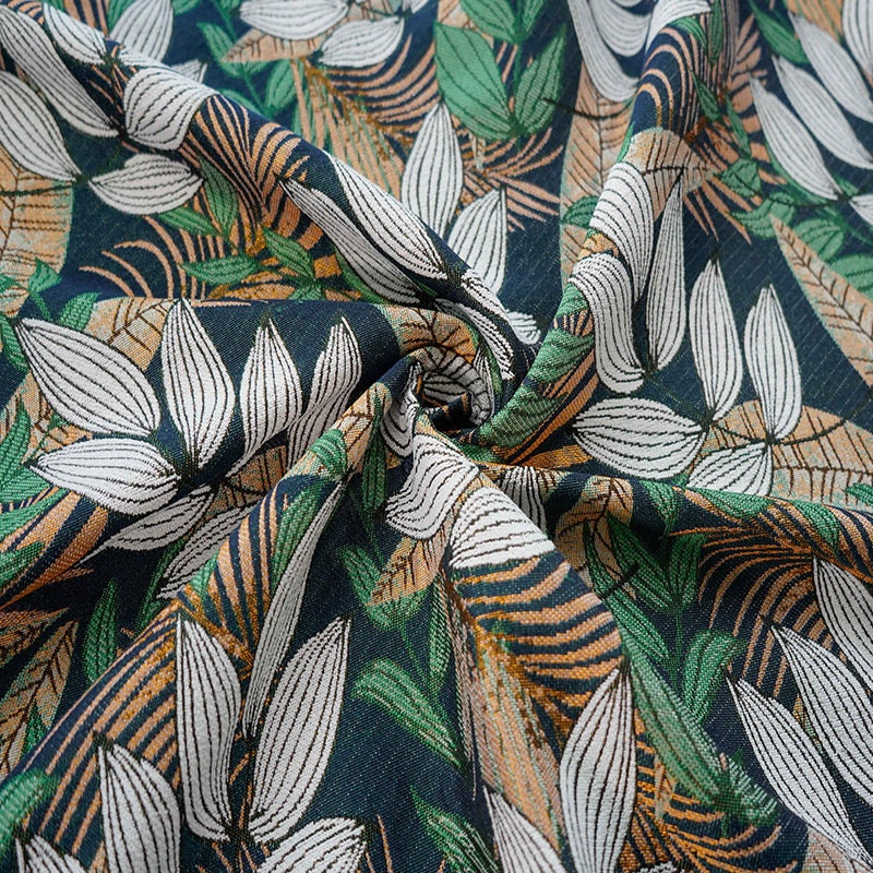 Tissu jacquard floral en polyester : revêtement d’ameublement à motif de feuilles tropicales, 150 cm de large