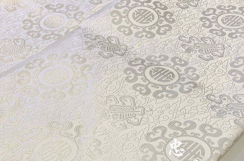 White Silk Brocade Fabric: Metallic Traditional Pattern, Upholstery & Sewing, By The Meter
