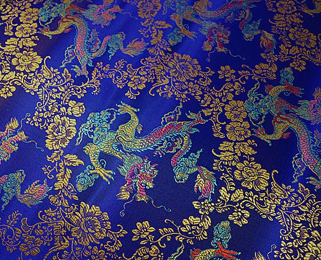 Dragon Brocade Fabric: Colorful Jacquard Satin, Home Decor (35"W)