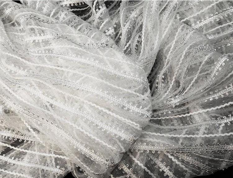 Striped Mesh Lace Fabric, Embroidered Polyester, Costume, Wedding Decor, 65"Wide