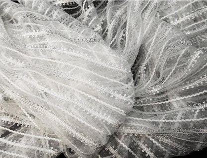 Striped Mesh Lace Fabric, Embroidered Polyester, Costume, Wedding Decor, 65"Wide