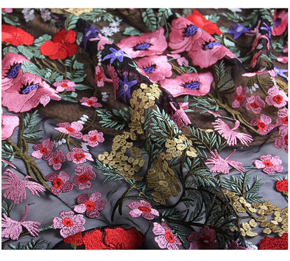 Floral Embroidered Lace Fabric: Pink, Red, Gold Flowers on Black Net (43"W)