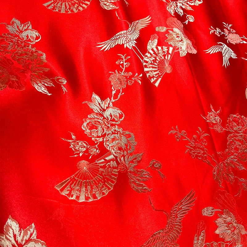 Crane Jacquard Satin Fabric: Red Bird Pattern, 29" Wide, By The Meter