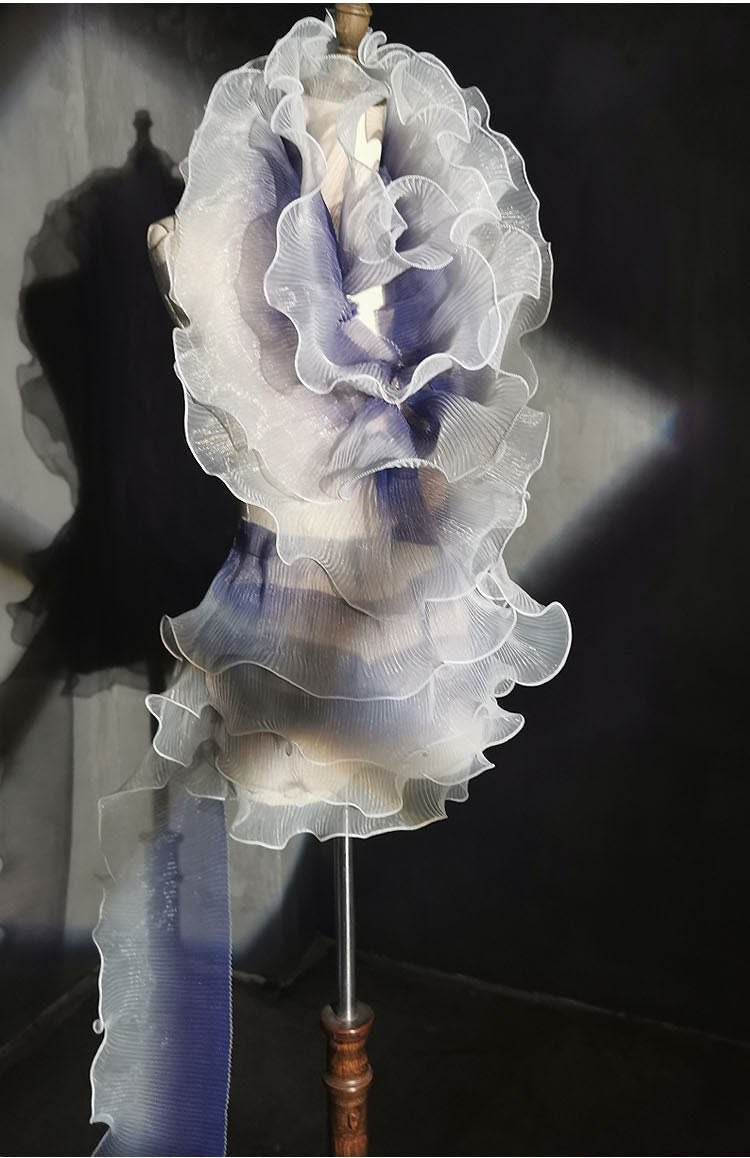 Pleated Ruffle Organza Fabric: 3D Folds, Stiff Texture - 5.9" Wide