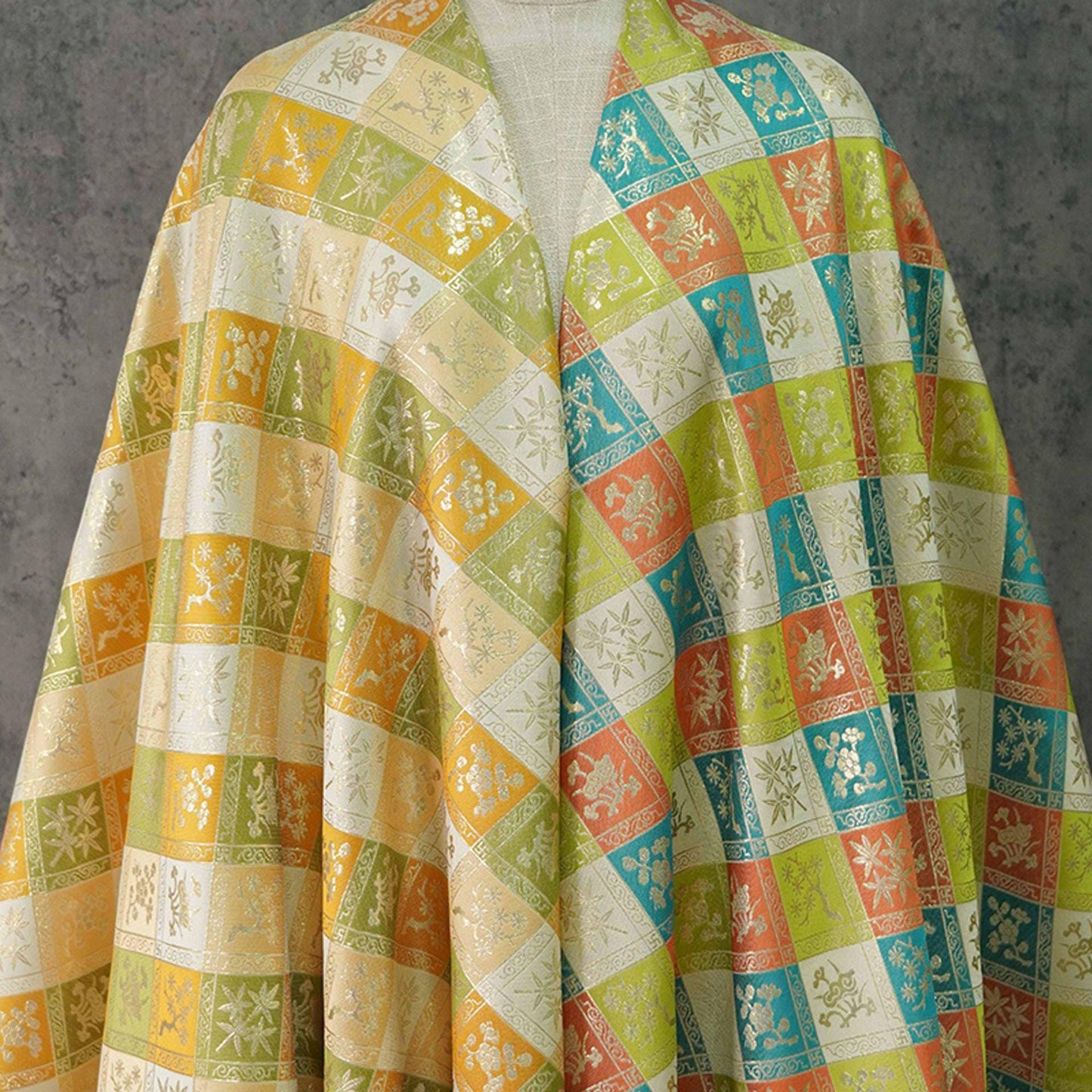 Jacquard Hanfu Fabric: Gold Weaving Ethnic Paddy Field Pattern, 59"W