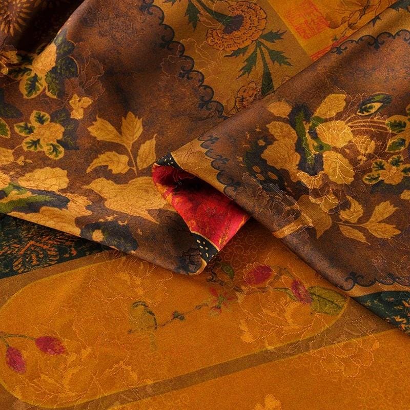 Ancient Dunhuang Tea Silk Satin Fabric: Digital Print, 59"W