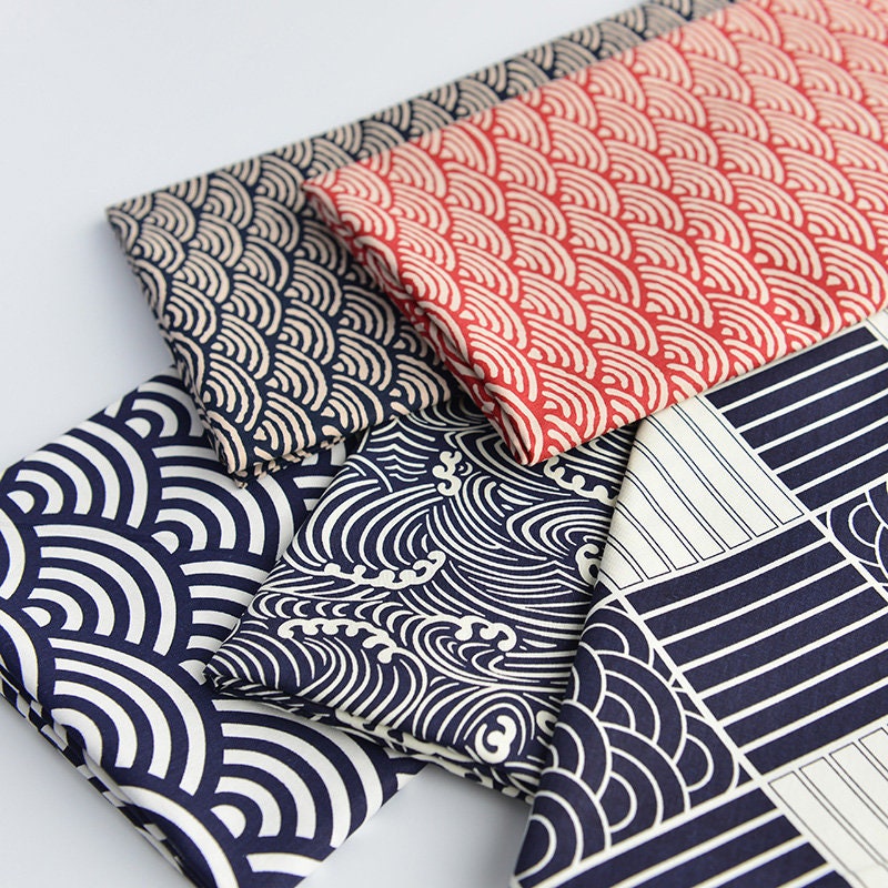 Japanese Cotton Fabric: Blue Wave Print, Kimono & Upholstery Fabric