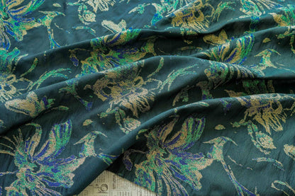 Dark Green Floral Jacquard Fabric with Gold Thread - 55" Wide - By The Yard