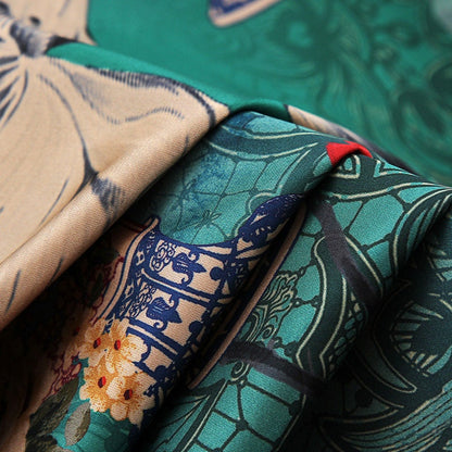Jade Green Tea Silk Satin Fabric: Floral Crane Print, 59" Wide