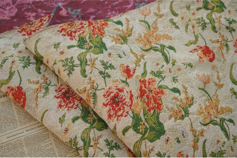 Floral Jacquard Fabric: Retro Big Flower Upholstery, 59" Wide