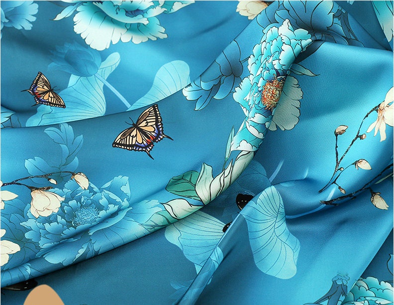 Floral Silk Damask Fabric: 59"W Digital Print Satin for Sewing