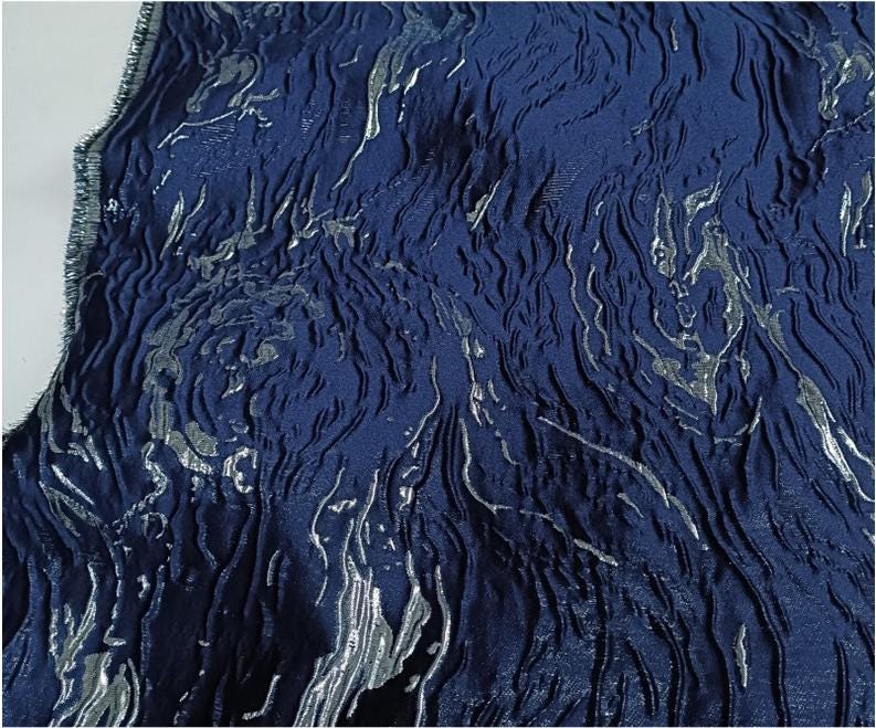 Gold & Blue Jacquard Fabric: 3D Texture Mercerized Designer Fabric