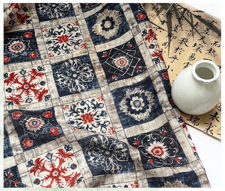 Dunhuang Indigo-Red Tencel Jacquard Brocade Fabric: Asian Chinese Style Tencel (59"W)
