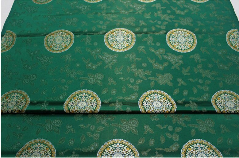 Tissu brocart de soie : style sino-mongol, bleu sarcelle et or (au mètre)