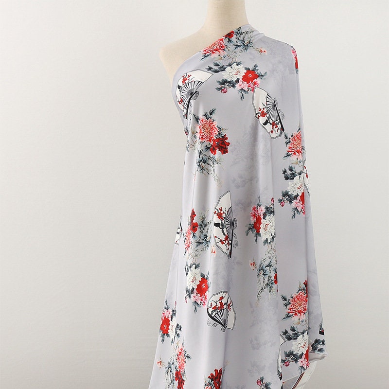 Floral Fan Print Satin Fabric: 59"W Sewing, Upholstery, Costume