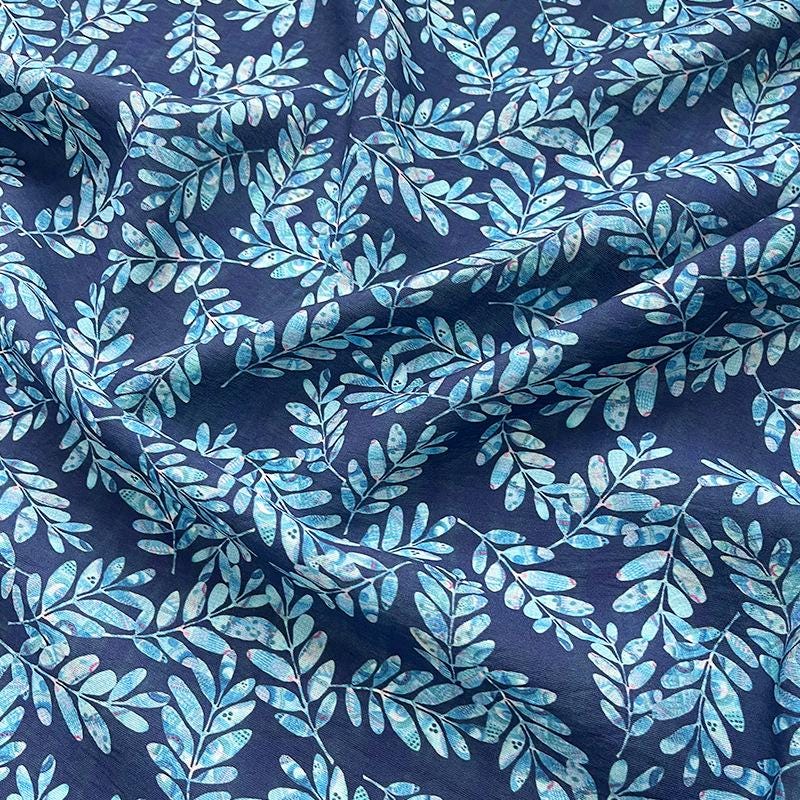 Tissu Tencel Ramie imprimé feuilles bleues : Matériel de couture au mètre