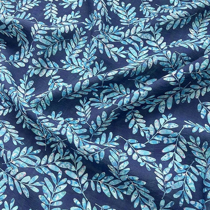 Tissu Tencel Ramie imprimé feuilles bleues : Matériel de couture au mètre