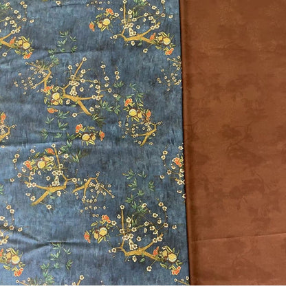 Tissu en soie bleu sarcelle effet thé : satin imprimé floral, 150 cm de large