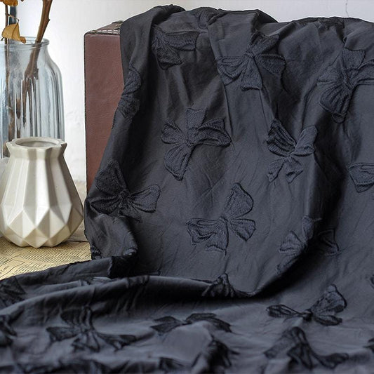 Black Bow Jacquard Fabric: Yarn-Dyed Embossed Upholstery Material, 57" Wide